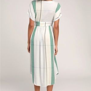 Lulu’s O’Neil Reid Light Blue Multi Strip Button Up Midi Dress